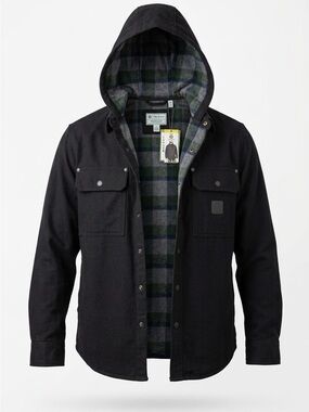 John Deere Black Hooded Shirt Jacket with Green Plaid Lining